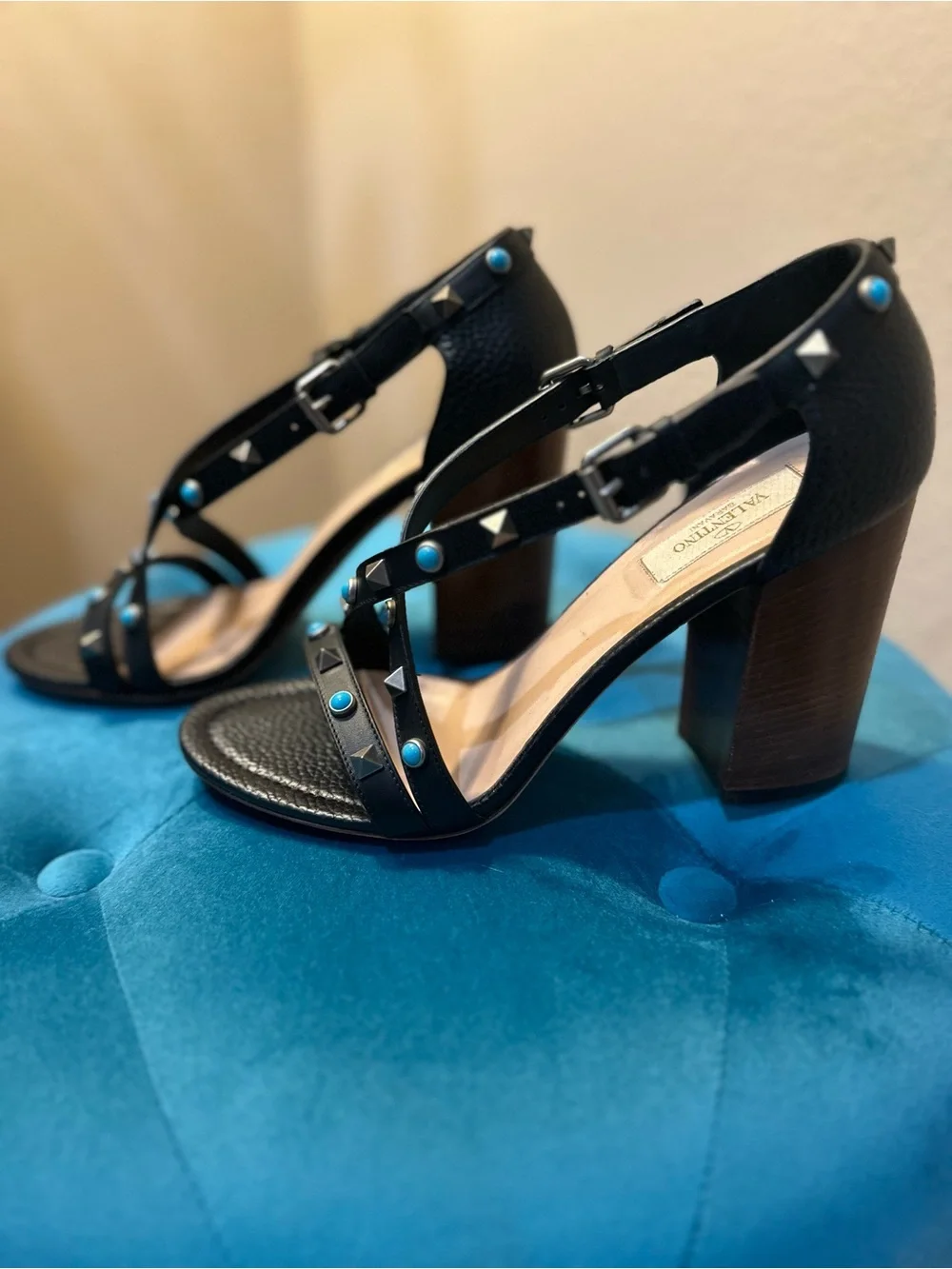 Valentino Black Rockstud Block Heel Sandals with Turquoise Cabochon Accents